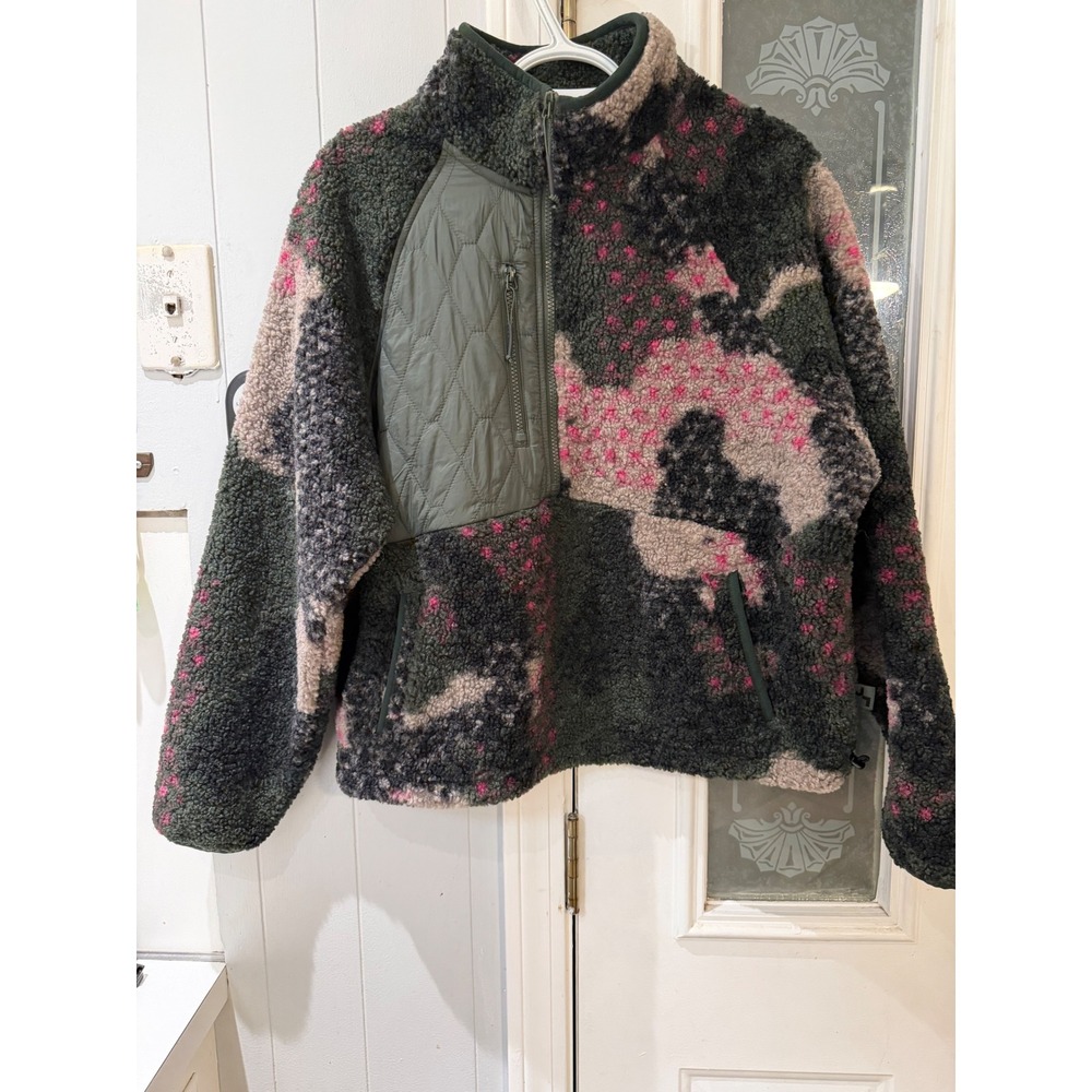JoyLab Womens Sherpa Fleece Quarter Zip Pullover Green Pink Camo Jacket Large